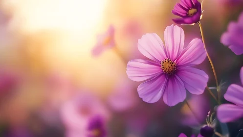 Pink cosmos flowers with soft focus bokeh and golden hour lighting.