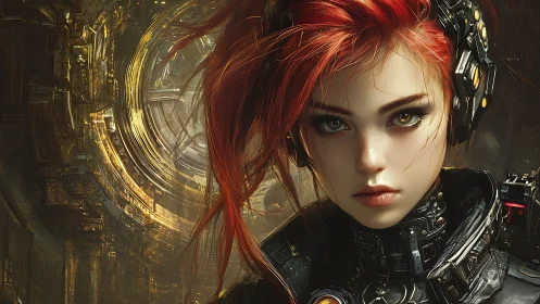 Cyborg woman with fiery hair stares through gilded circuitry.