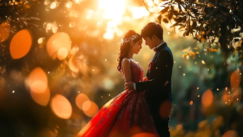 Romantic couple embraces beneath golden sunset light.