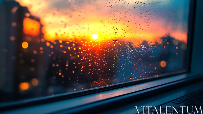 Backlit rain droplets on window pane at sunset exposure.