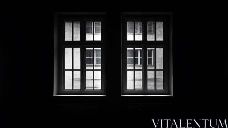 Quiet double windows opening onto a softly lit city wall.