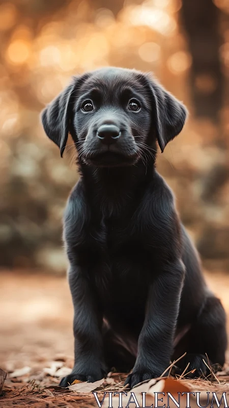 Black puppy sits on ground with blurred autumn background