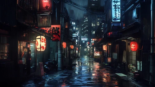 Rain-soaked neon alleyway with glowing Japanese lanterns.
