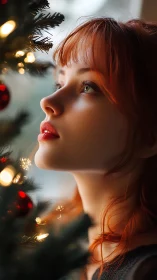 Side-lit redhead gazing at illuminated Christmas tree bokeh