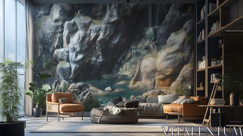 Living room interior with large rock pool wall mural.