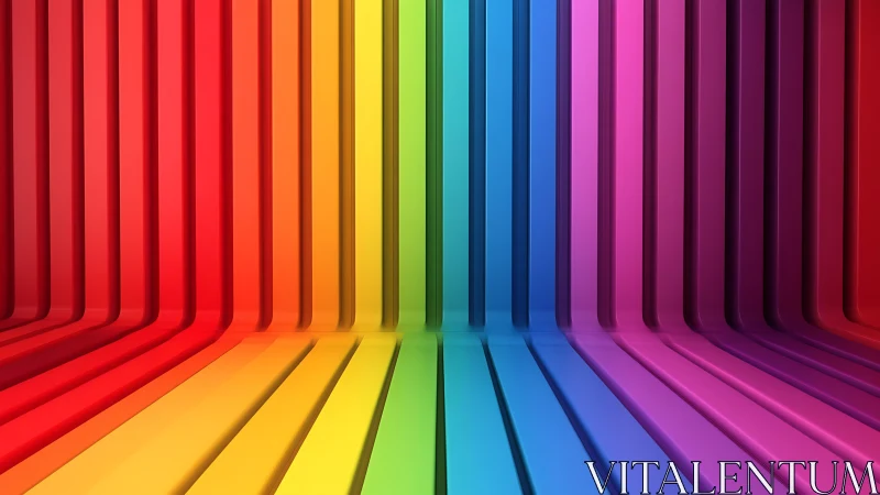 Rainbow panels form immersive geometric corridor space.