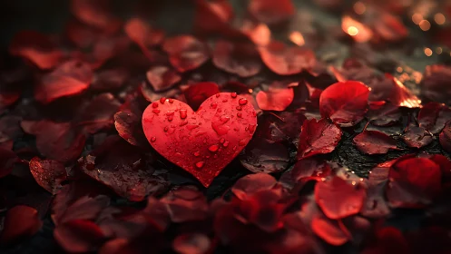 Radiant heart centerpiece amongst crimson petals.