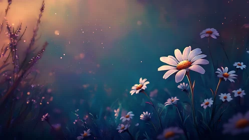 Luminescent daisy composition with bokeh atmospheric depth.