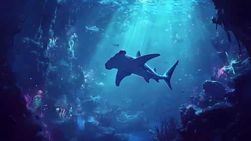 Digital painting of hammerhead shark in luminous reef cavern.