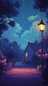 Lamp-lit cottage lane glows under a tranquil starry sky.