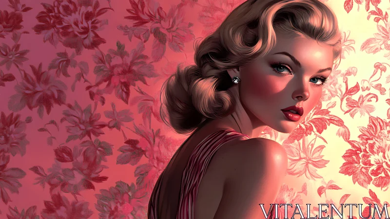 Velvet glamour muse in rose-lit floral reverie portrait.