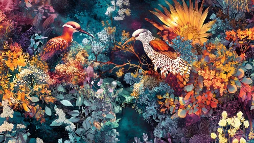 Digital painting of tropical birds in lush chromatic flora.