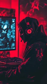 Hooded gamer wearing mask and headset in red neon room.
