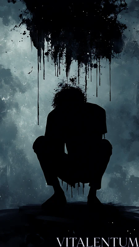 Solitary figure beneath a storm of inky emotions.