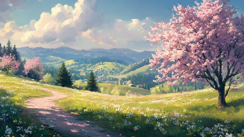 Spring hillside landscape with blooming pink cherry tree.