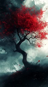 Crimson tree twists against stormlit monochrome sky.