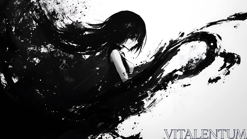 Monochrome female figure merged with abstract ink swirls.