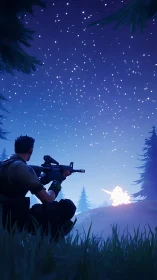 Soldier aims rifle under star-filled midnight forest sky