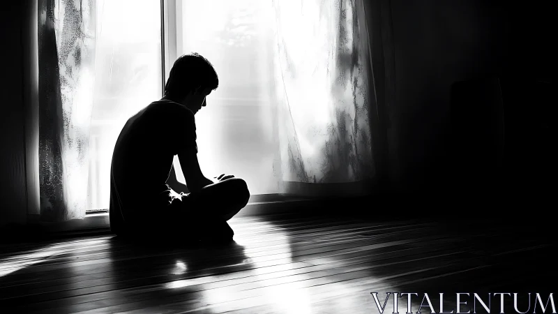 Silhouetted person sitting alone on floor by bright window.