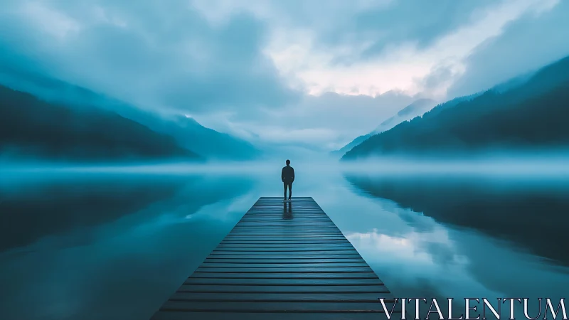 Solitary figure on lakeside pier studies misted mountain horizon