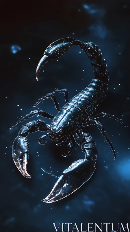 Bioluminescent blue scorpion rendered in deep space glow.