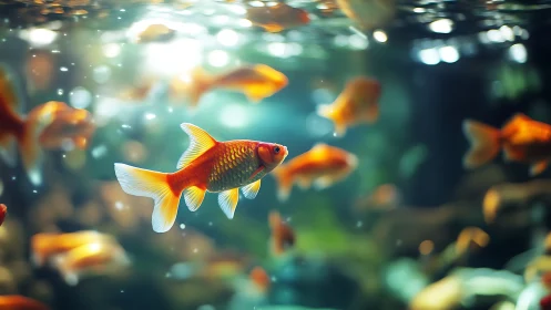 Golden koi drifts through glowing bokeh-lit aquarium waters