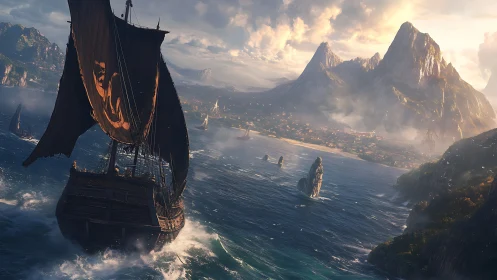 Sailing vessel approaching mountainous coastal settlement.