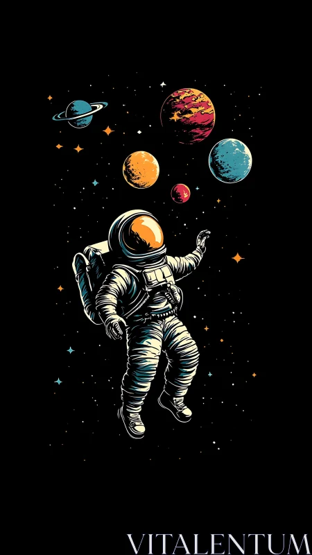 Retro astronaut drifting among stylized multicolor planets.