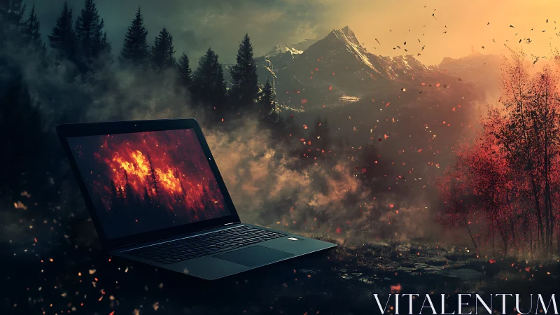 Laptop visualizing wildfire data in alpine forest environment.