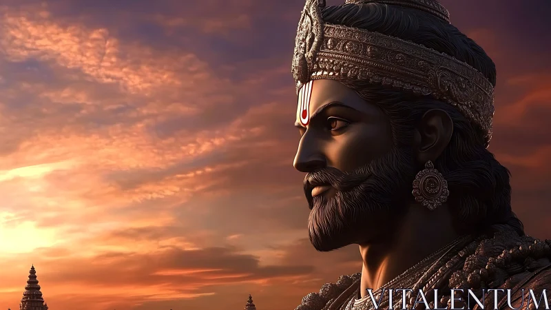 Digital painting profile of regal warrior against sunset sky.