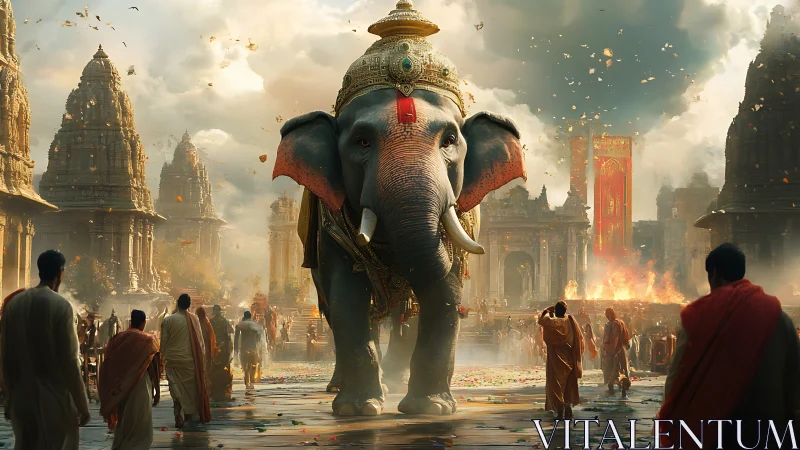 Regal temple elephant leading a vibrant festival procession.