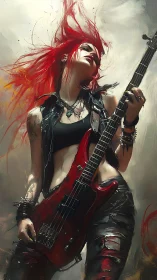 Red haired rock guitarist in dynamic standing pose.