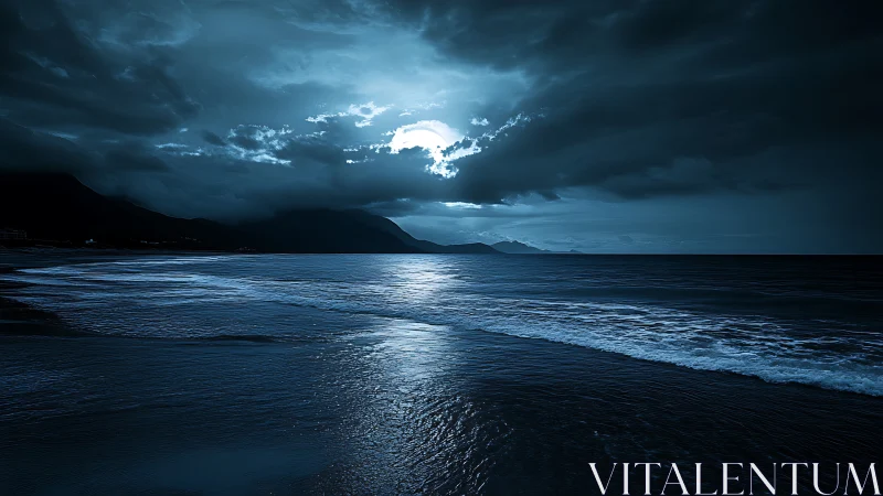 Moonlit shoreline under storm clouds with high-contrast blue toning