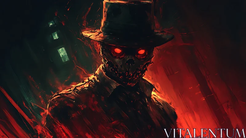 Infernal cyber-specter in hat with molten skeletal chassis.