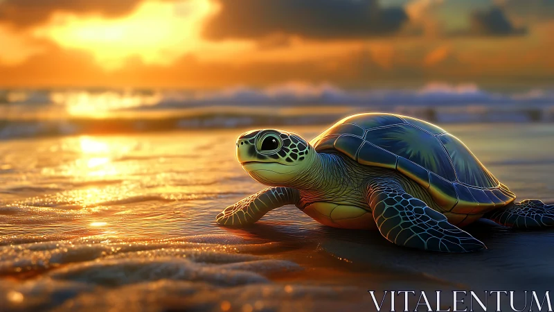 Sea turtle on wet shoreline under vivid sunset light.