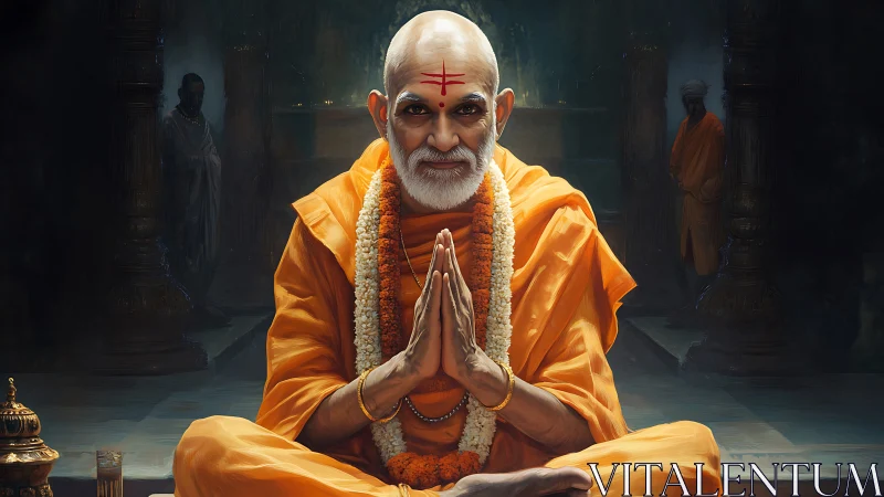 Serene Hindu guru in saffron robes within dim temple hall.