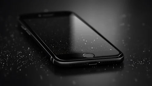 Black smartphone on reflective surface with dust speckles.