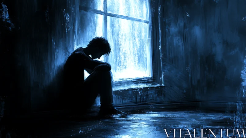 Quiet blue moment as a lone figure rests by a rainy window