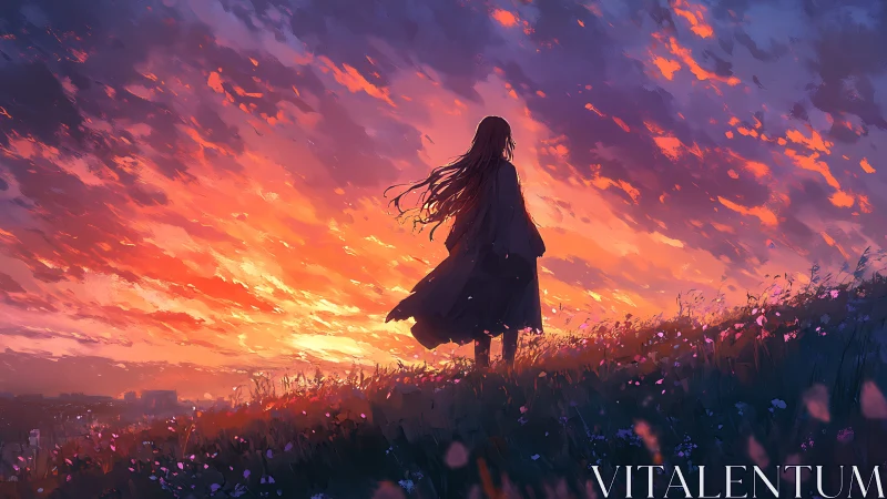 Silhouetted girl on wildflower hill at vivid orange sunset