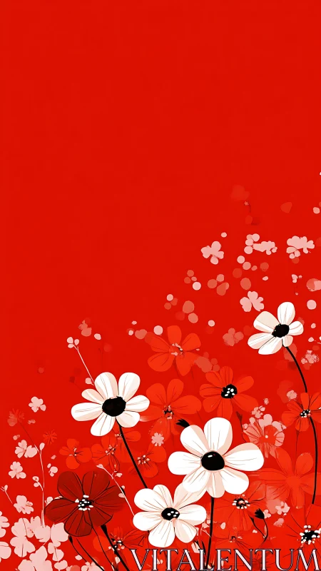 Vibrant Red Garden: White Daisies Blooming Against Crimson Backdrop