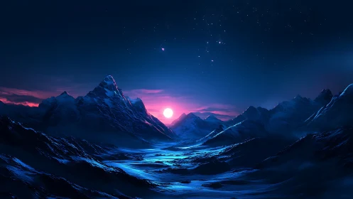 Gentle moonrise over tranquil icy mountain valley at night.
