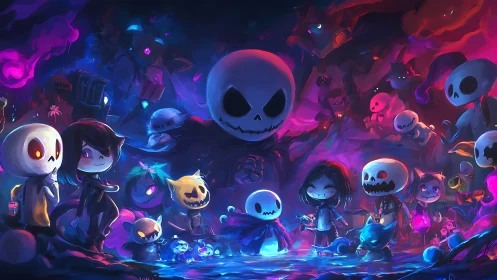 Glow-lit skeleton friends in a playful Halloween dreamscape.