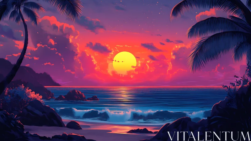 Tropical shoreline with sunset, clouds, and palm silhouettes.