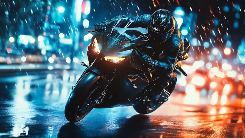 Motorcyclist carves through neon city streets in heavy rain.