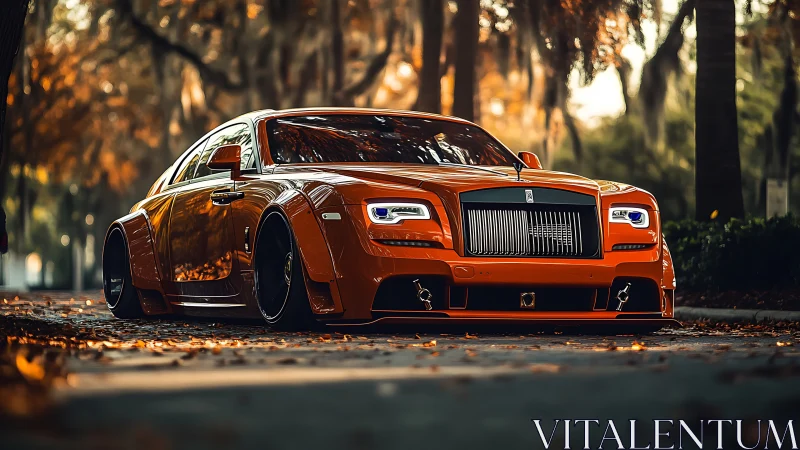 Orange luxury coupe dominates autumn street perspective.