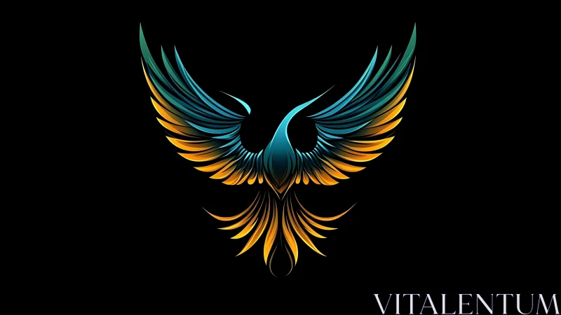 Vibrant Abstract Phoenix with Blue and Gold Feathers on Black Background.