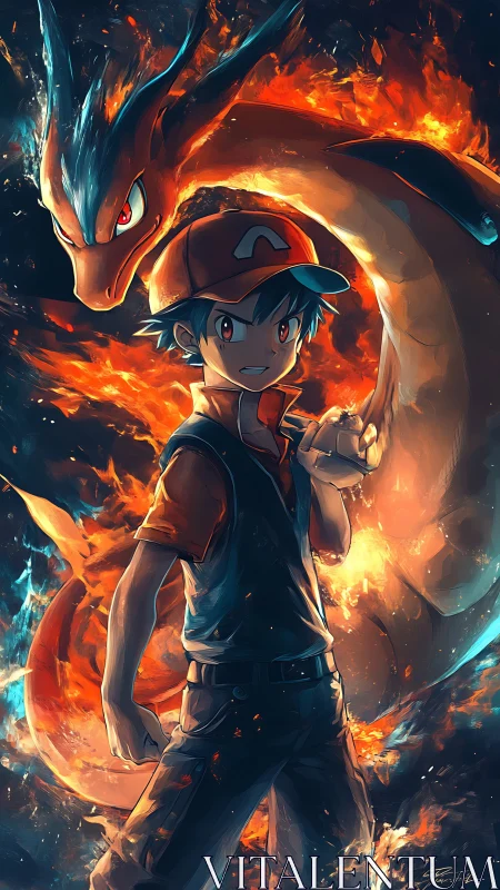 Trainer and dragon-like creature stand in swirling flames