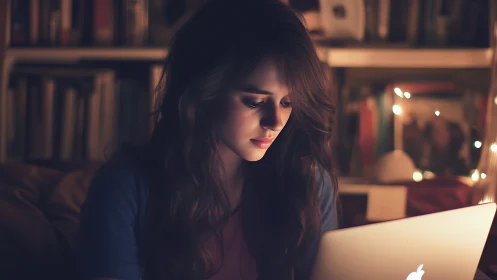 Young woman studies by laptop glow in dim bedroom