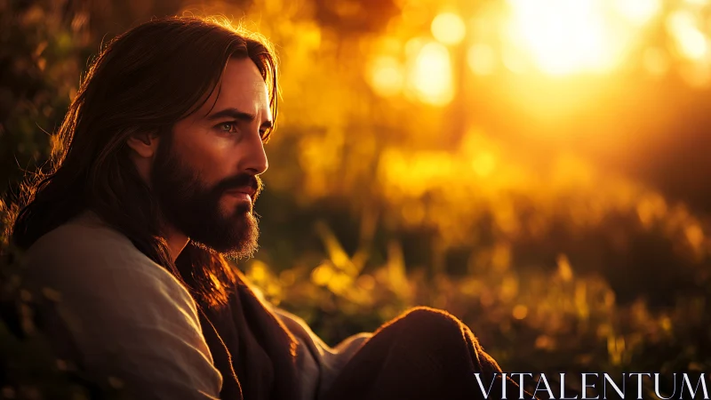 Long-haired bearded man sits in profile in warm sunset light