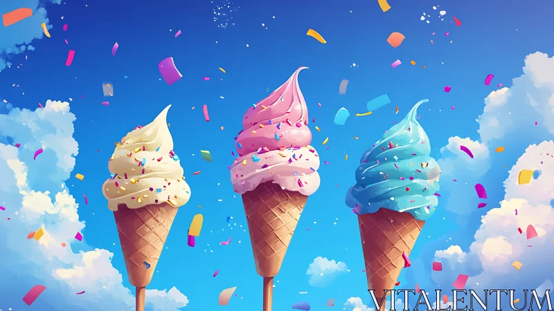 Colorful ice cream cones against bright summer sky.